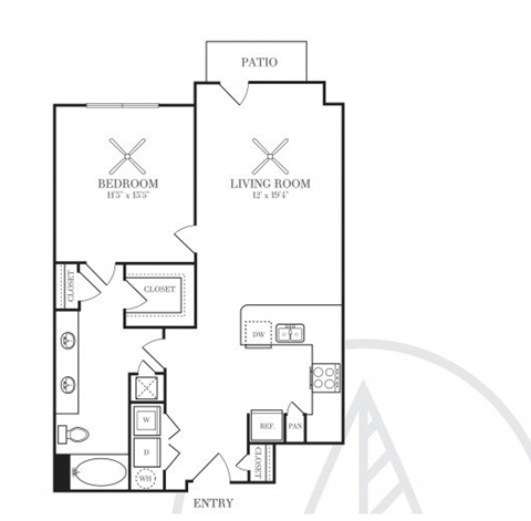 Floor plan for 1 bed, 1 bath, 812 sqft